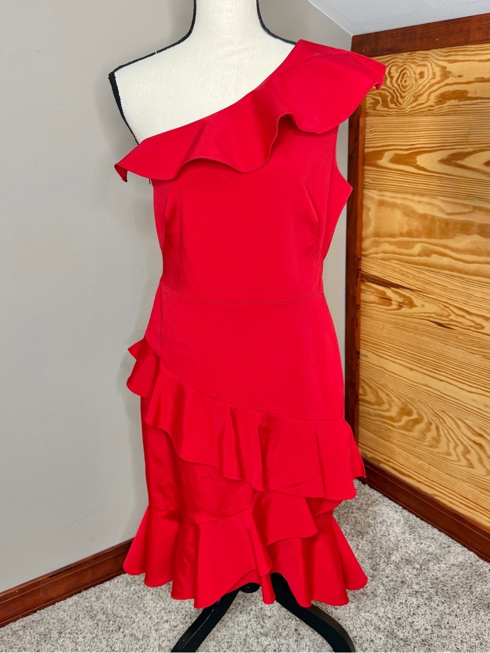 Marchesa Notte One Shoulder Tiered Ruffle Mini Dress Red 12 Designer Cocktail - Picture 2 of 11